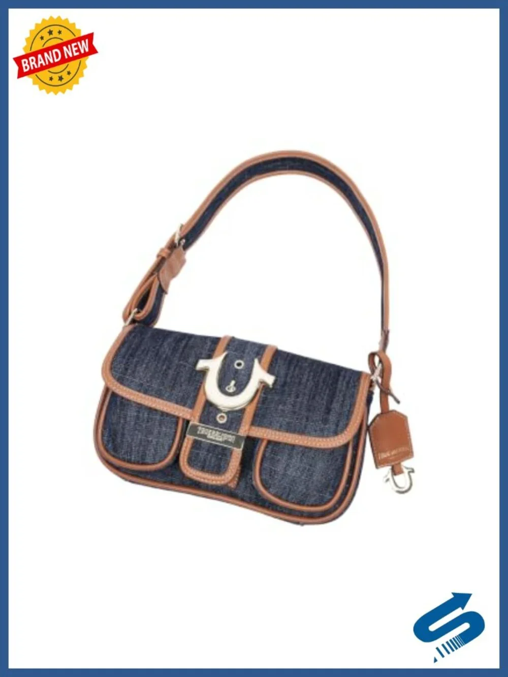 Denim Satchel with Horseshoe Hardware, 4 Pockets, Adjustable Strap